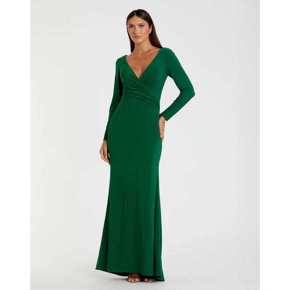 Ieena Mac Duggal 26573 Gown Long Sleeve Ruched Jersey V-Neck Emerald Size 12 - Picture 2 of 11
